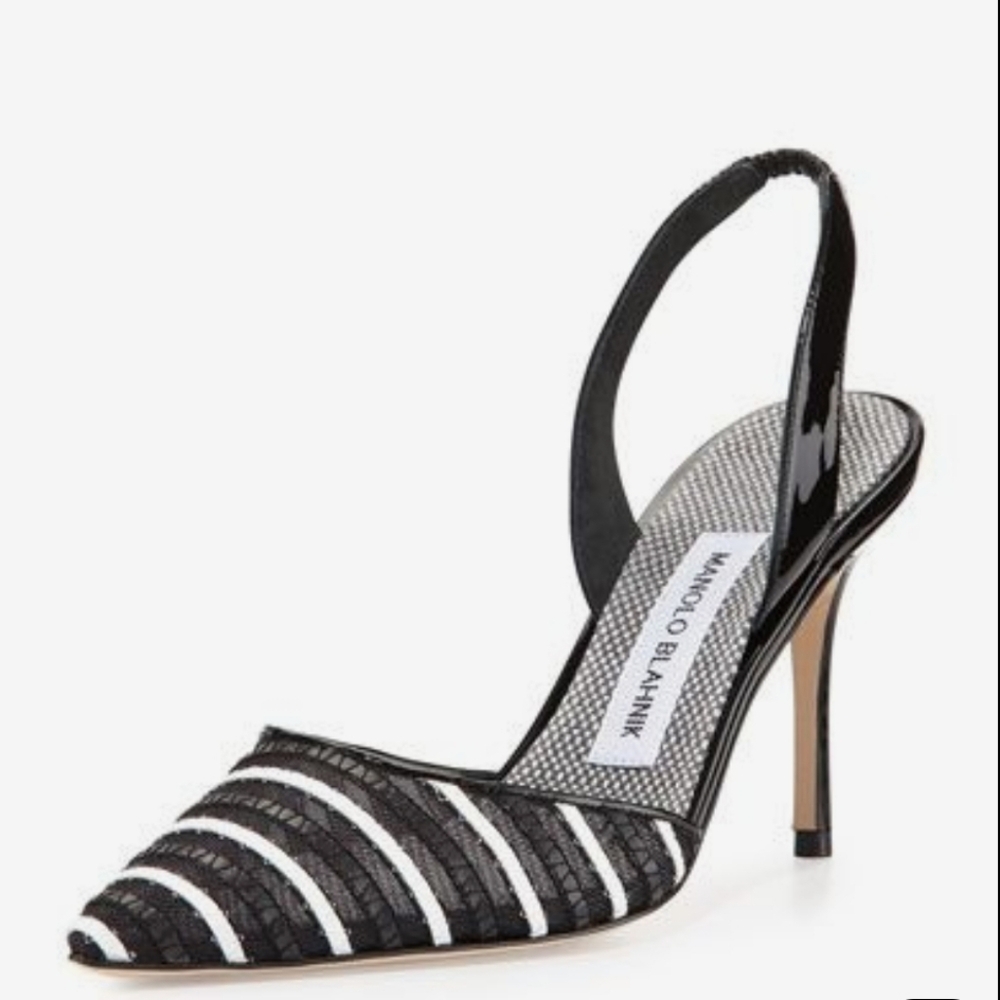 Manolo Blahnik Black and White Striped Slingback Pumps